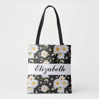 Elegant Monogram Black en White Daisy Pattern Draagtas