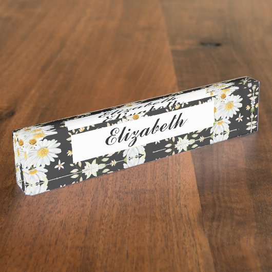 Elegant Monogram Black en White Daisy Pattern Naambordje (Zijkant)