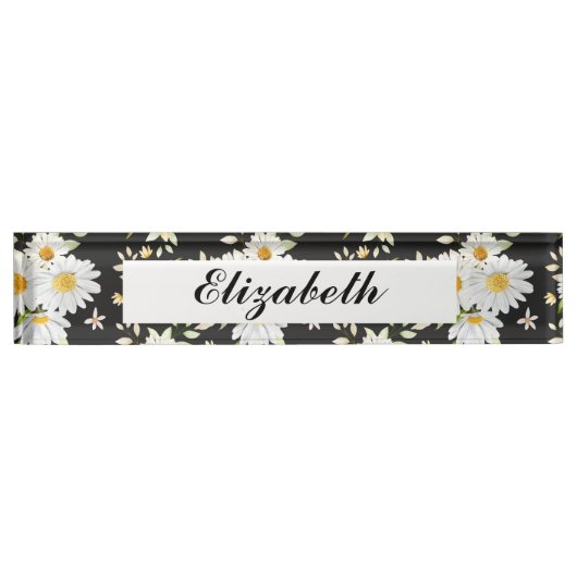 Elegant Monogram Black en White Daisy Pattern Naambordje (Voorkant)