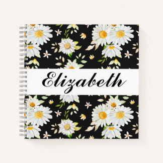 Elegant Monogram Black en White Daisy Pattern Notitieboek