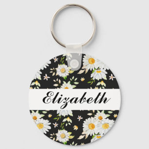 Elegant Monogram Black en White Daisy Pattern Sleutelhanger