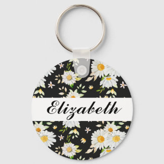 Elegant Monogram Black en White Daisy Pattern Sleutelhanger