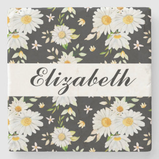 Elegant Monogram Black en White Daisy Pattern Stenen Onderzetter