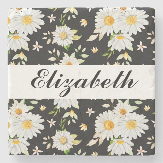 Elegant Monogram Black en White Daisy Pattern Stenen Onderzetter (Voorkant)