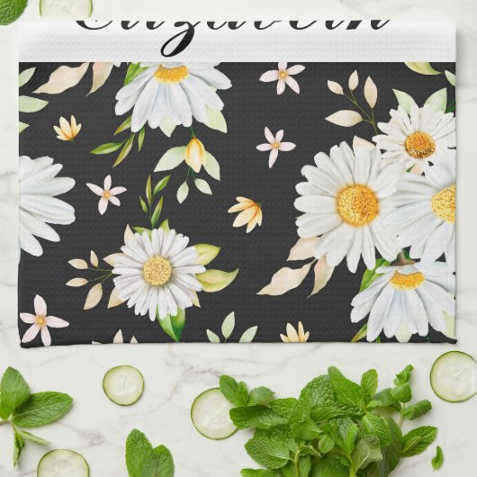 Elegant Monogram Black en White Daisy Pattern Theedoek (Gevouwen)