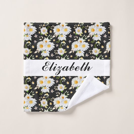 Elegant Monogram Black en White Daisy Pattern Washandje (Wasdoekje)