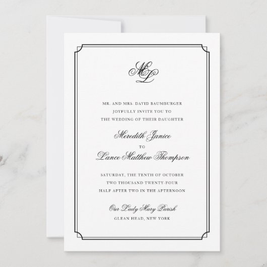 Elegant Monogram Black en White Script Wedding Kaart (Voorkant)