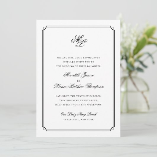 Elegant Monogram Black en White Script Wedding Kaart (Staand voorkant)