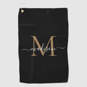 Elegant Monogram Black Gold Girly Script Name Golfhanddoek