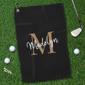 Elegant Monogram Black Gold Girly Script Name Golfhanddoek