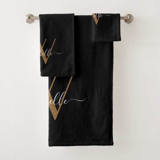 Elegant Monogram Black Gold Name Script Bad Handdoek (Insitu)