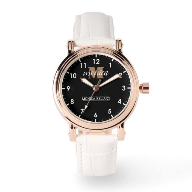 Elegant Monogram Black Gold Script minimal Horloge (Voorkant)