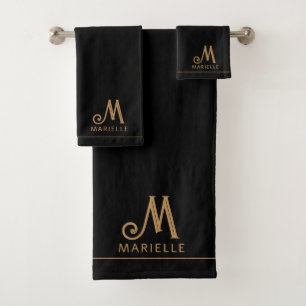 Elegant Monogram Black Gold Script Name Bad Handdoek