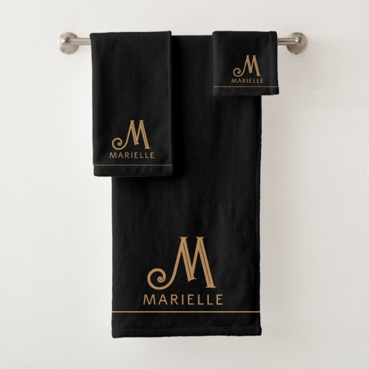 Elegant Monogram Black Gold Script Name Bad Handdoek (Insitu)