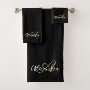 Elegant Monogram Black Gold Script Name Bad Handdoek
