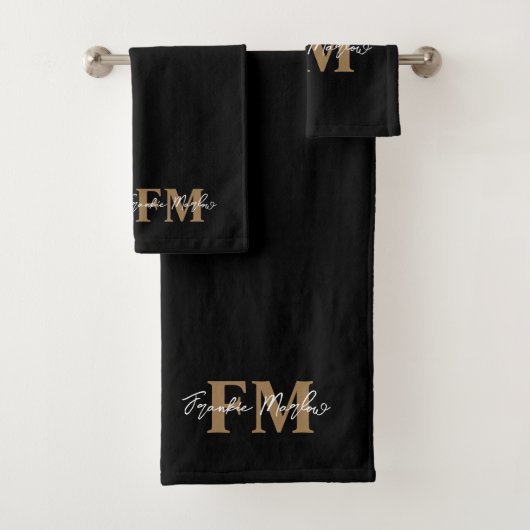 Elegant Monogram Black Gold Script Name Bad Handdoek (Insitu)