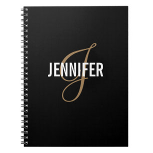Elegant Monogram Black Gold Script Name Notitieboe Notitieboek