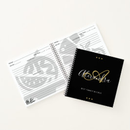 Elegant Monogram Black Gold Script Name Recipe Notitieboek