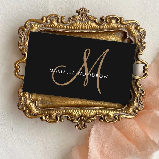 Elegant Monogram Black Gold Script Name Visitekaartje