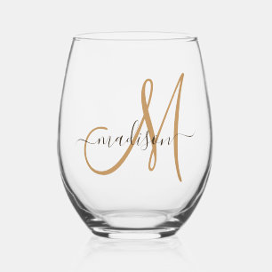 Elegant Monogram Black Gold Script Name Wijnglas Zonder Voet