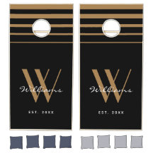 Elegant Monogram Black Gold Stripes Name Script