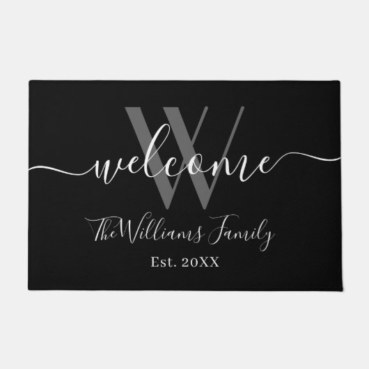 Elegant Monogram Black Grey Name Script Weddenscha Deurmat (Voorkant)