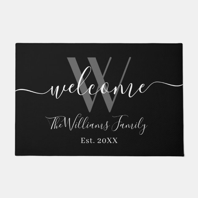 Elegant Monogram Black Grey Name Script Weddenscha Deurmat (Voorkant)