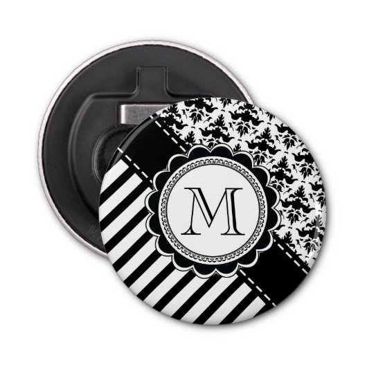 Elegant Monogram Black in White Stripes en Damask Button Flesopener (Voorkant)