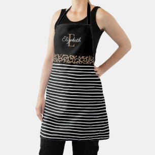 Elegant Monogram black Leopard Animal Print Apron Schort