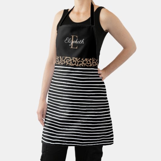 Elegant Monogram black Leopard Animal Print Apron Schort (Insitu)