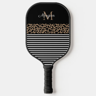Elegant Monogram Black Leopard Animal Print Pickleball Paddle