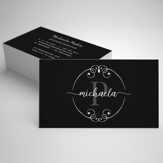 Elegant Monogram Black White Interior Designer Visitekaartje