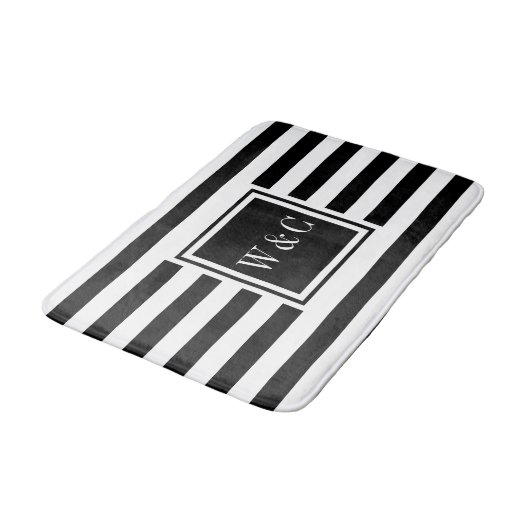 Elegant Monogram Black White Stripe Badmat (Gekanteld)