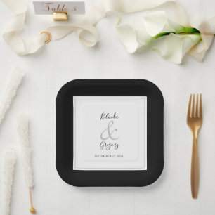 Elegant Monogram Black & White Wedding Papieren Bordje