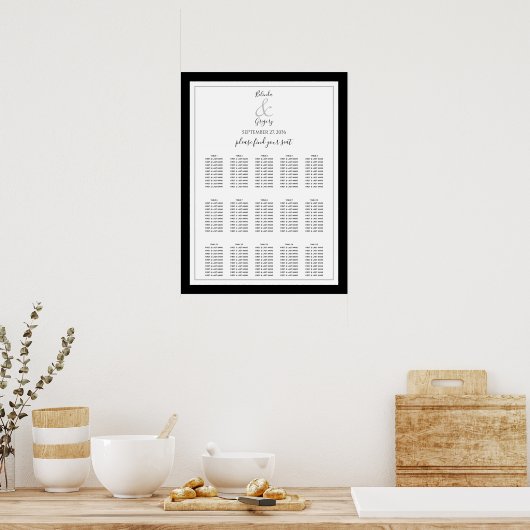 Elegant Monogram Black White Wedding Seding Chart Poster (Keuken)