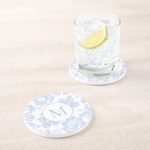 Elegant Monogram Blauw Bloemen Botanisch Zandsteen Onderzetter