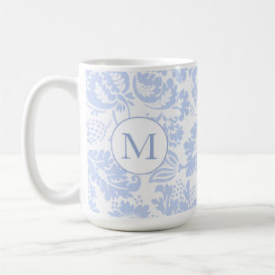 Elegant Monogram Blauw Bloemmotief Botanisch Koffiemok