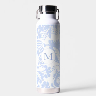 Elegant Monogram Blauw Bloemmotief Botanisch Waterfles