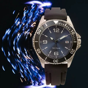 Elegant monogram blauw geborsteld metalen horloge