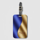 Elegant monogram blauw goud metallic bagagelabel (Voorkant (verticaal))
