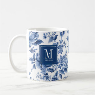 Elegant Monogram Blauw Witte Bloemrijke Roos Koffiemok