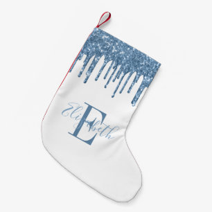 Elegant Monogram Blauwe Glitterdruppels Kleine Kerstsok