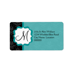 Elegant Monogram Blauwgroen Damask Etiket