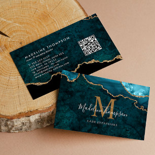 Elegant Monogram Blauwgroen Gouden Agaat Geode QR Visitekaartje