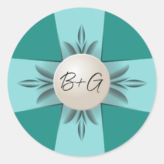 Elegant Monogram Blauwgroen Parel Lint Bruiloft Ronde Sticker (Voorkant)