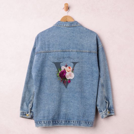 Elegant Monogram Bloemen Roos Blauw Initiaal Moder Denim Jacket (Hangar)