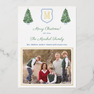 Elegant Monogram Blue en Green Merry Kerstmis Folie Feestdagenkaart