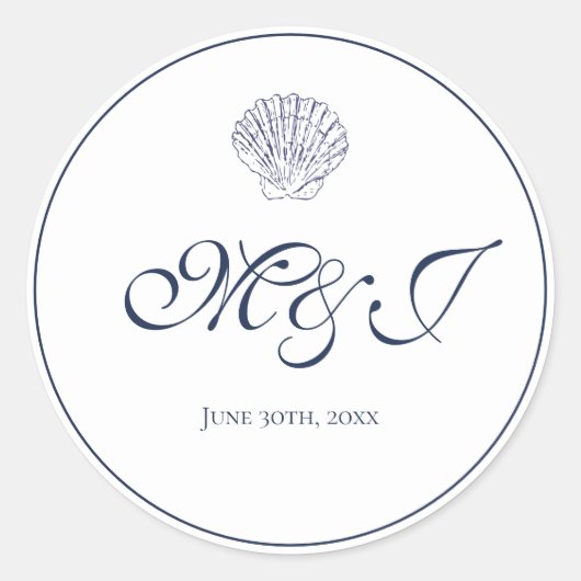 Elegant Monogram Blue Shell bruiloft Ronde Sticker (Voorkant)