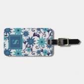 Elegant Monogram Blue Turquoise Flower Pattern Bagagelabel (Voorkant horizontaal)