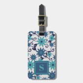 Elegant Monogram Blue Turquoise Flower Pattern Bagagelabel (Voorkant verticaal)